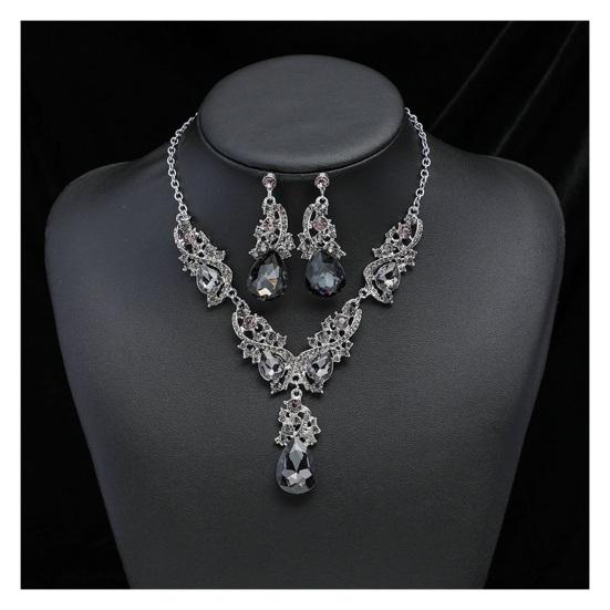 Women Necklace Earrings Rhinestone Luxury Hollow Symmetric Retro Set Out Anti-allergy Hanging Earrings Bridal Wedding