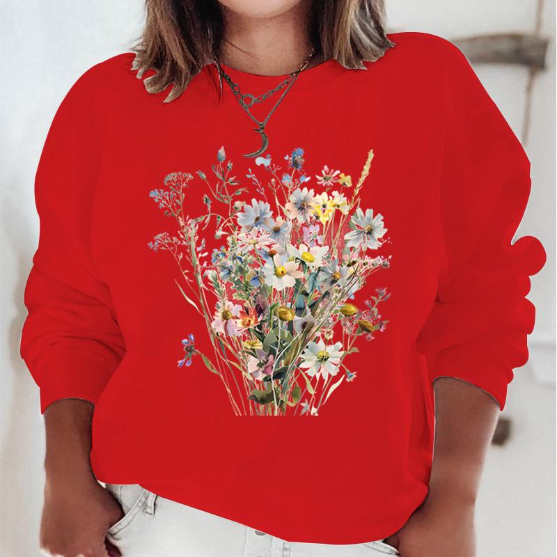 New Flower Hoodies Women Floral Oil Painting Y2K Sudaderas Long Sleeve Round Neck Vintage Boho Wild Flower Woman Sweatshirts