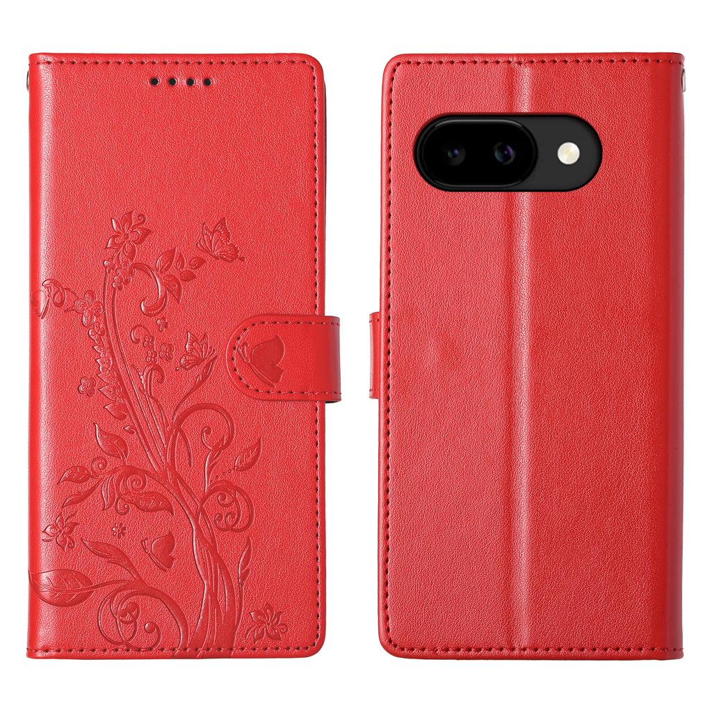 For Google Pixel 10a Wallet Case Butterfly Floral Imprint PU Leather Phone Cover with Wrist Strap