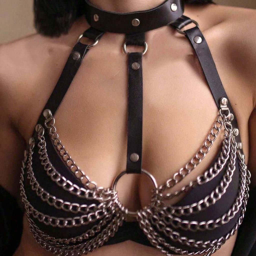 Ham de piept din piele cu lanțuri, Ham de piept și Lenjerie pentru femei, Lanț de corp ham lenjerie, Ham gotic pentru femeie