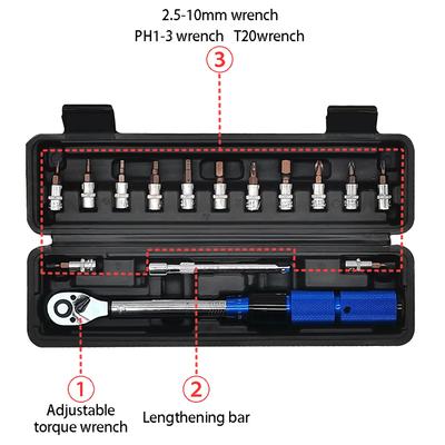 15Pcs Set Bicycle Torque Wrench 1/4" 2-24Nm Preset Type Socket Spanner Pro Repair Bicycle Kit Dual Direction Bike Allen Key Tool