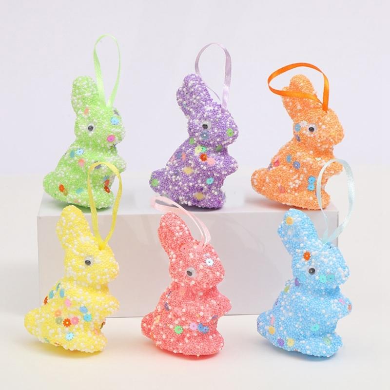 6er-Pack Oster-Themen-Schaumstoff-Hasen zum Aufhängen Funkelnde Pailletten Hasen-Ornament Festival Feiertagsdekoration für Zuhause