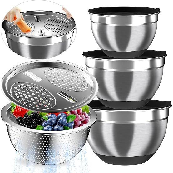 Mixing Bowls with Airtight Lids, Stainless Steel Mixing Bowl Set with 3 Metal Nesting Bowls, Colander & Grater, Non-Slip Bottoms, Size 1.5, 2.5, 5
