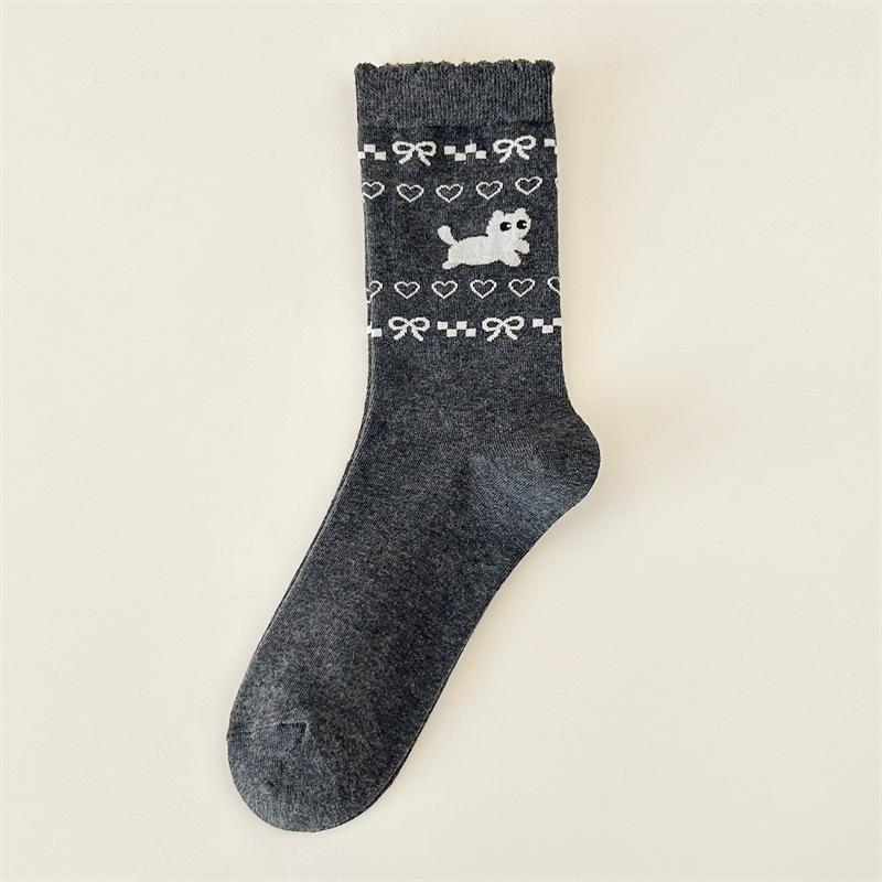 Puppy Boneless Socks Medium Tube Socks Cartoon Dog Cute Medium Tube Female Black