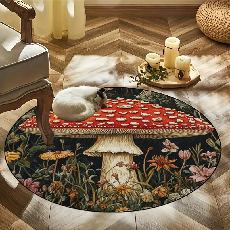 Luxurious Vibrant Mushroom Floral  Pattern Round Shape Floor Mats Kitchen Hallway Runner Rug Bedroom Living Room Soft Carpet Non-slip Area Rug