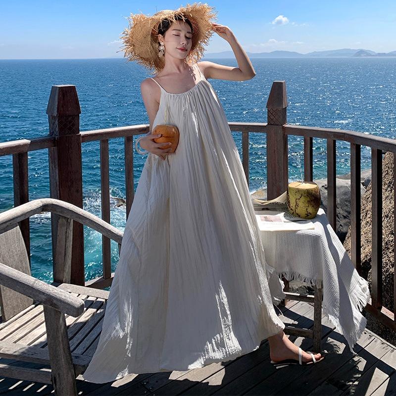 

Summer Island Wear Seaside Vacation Suspender Muse Skirt Large Size Sleeveless Halter Dress White Loose Long Dress S