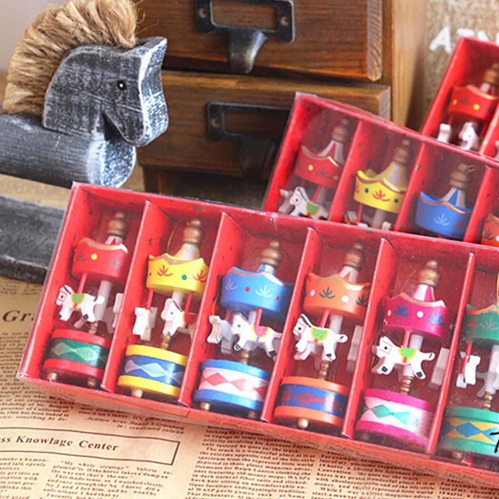 Christmas Wooden Carousel Horse Miniature Ornaments Christmas Tree Hanging Pendants New Year Gift Toy For Kid Home Party Decor