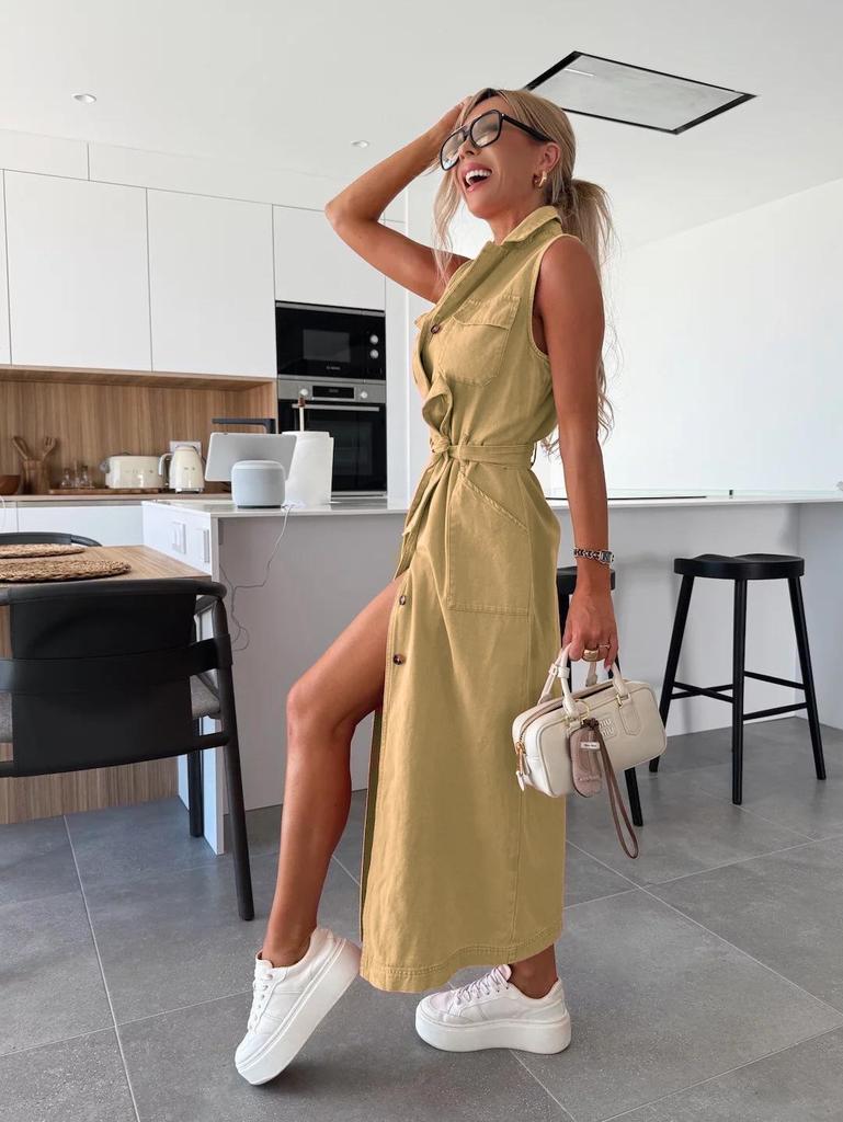 European & American Style Sleeveless Tie-Waist Denim Dress