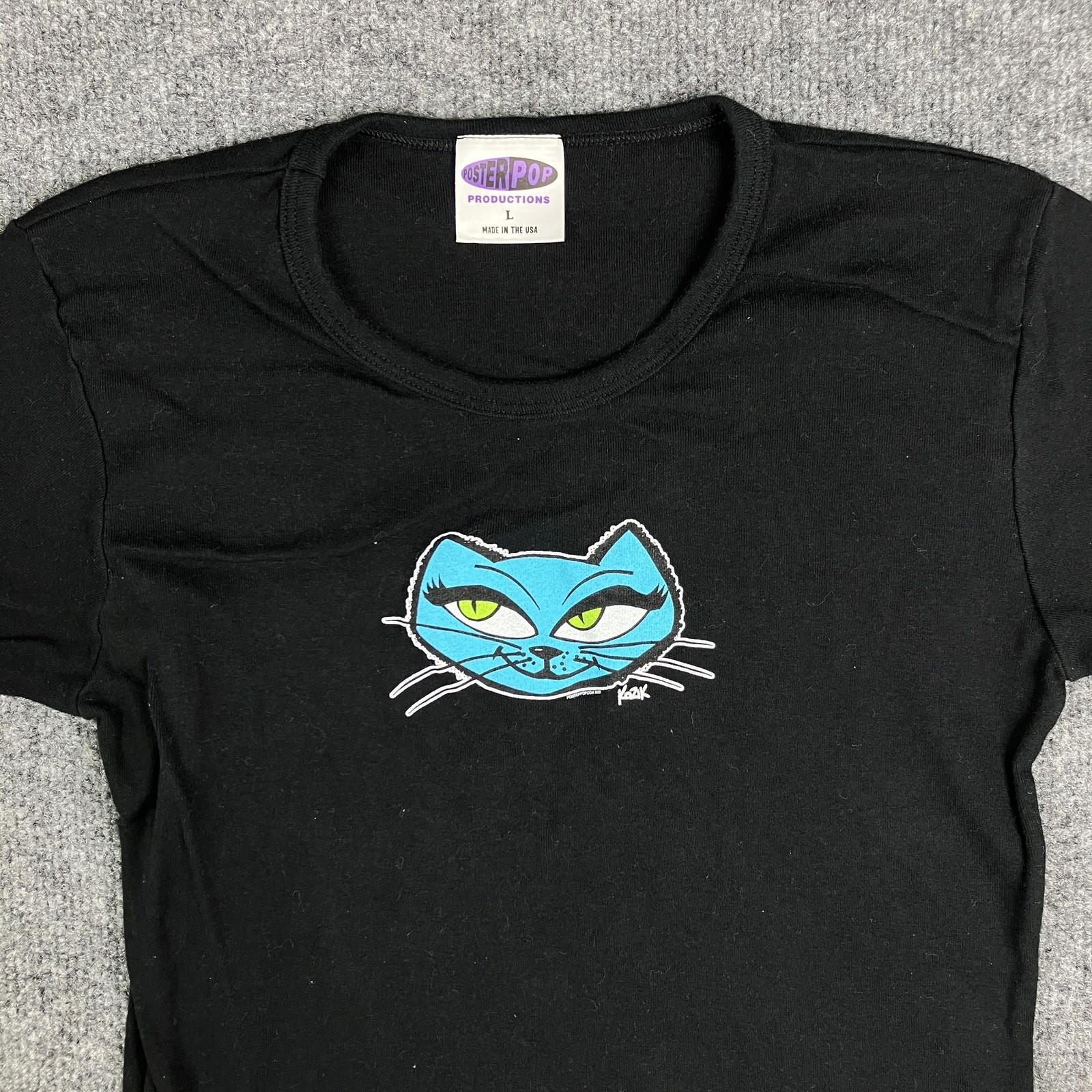 Poster Pop T-Shirt Womens Large Black Blue Cat Graphic Tee Vintage XL