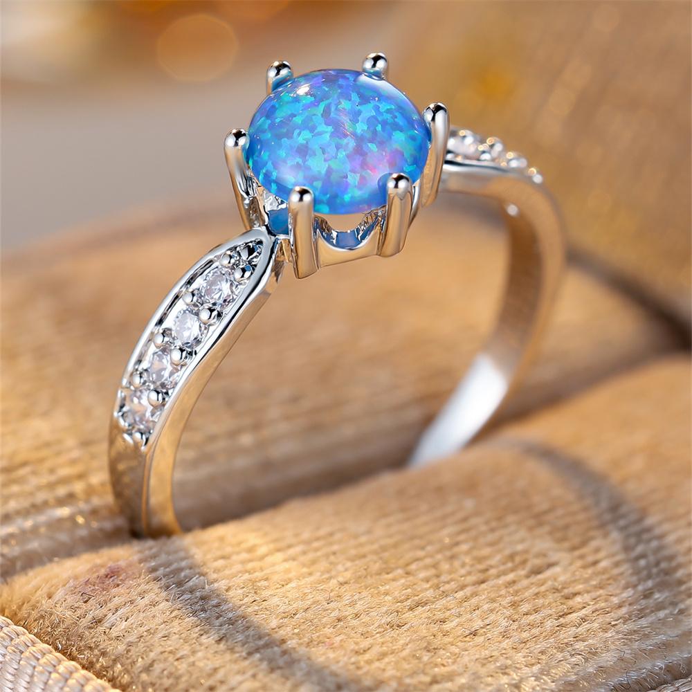 Classic Six Claw Round Stone Engagement Ring White Blue Opal Birthstone Jewelry For Women Trendy  Color Wedding Band Gifts