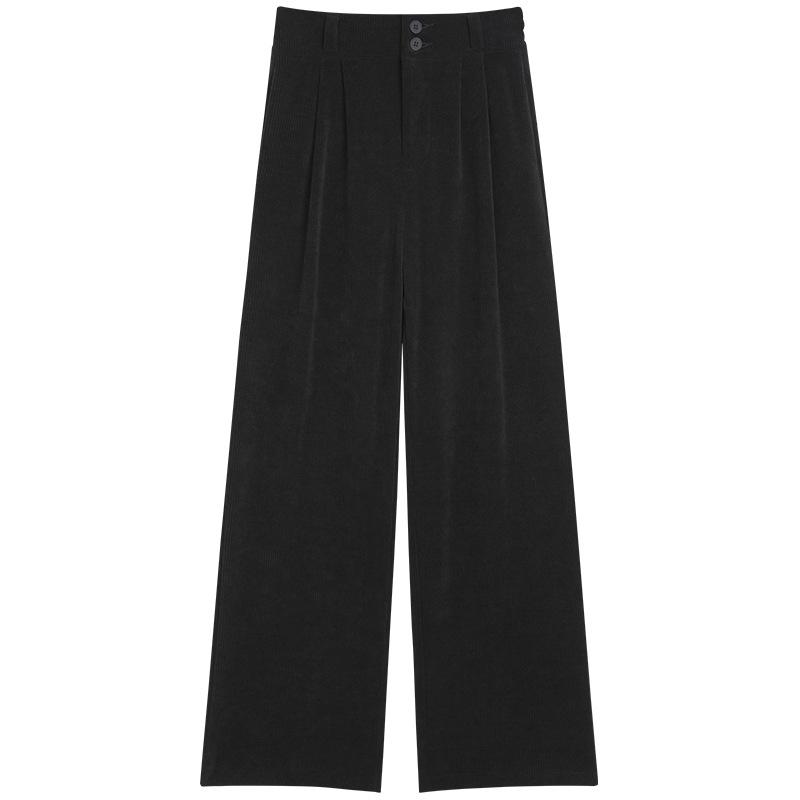 145cm Fleece-Lined High-Waisted Wide-Leg Chenille Pants - Women's XS, Petite, Black, Casual Autumn/Winter