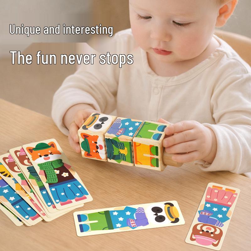 Children's Wooden Rotating Animal Puzzle Blocks – 3D Educational Toy for Early Learning