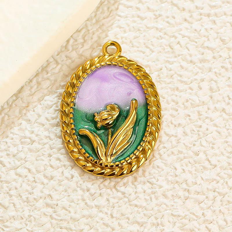French Drip Flower Oil Painting Pendant Necklace & Heart Earring Charms in Stainless Steel - DIY Titanium Jewelry Accessories for Women