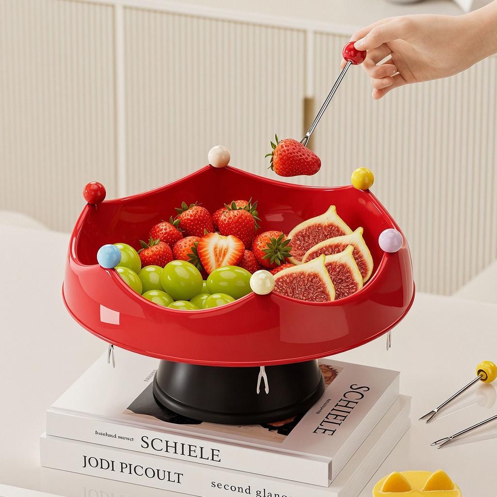 Nordic Round Plastic Fruit Plate, Creative Snack & Dessert Serving Tray with Fruit Fork