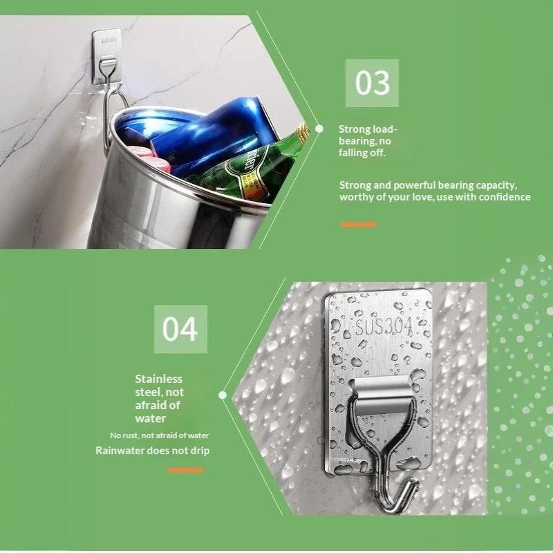 Stainless Steel No Drill Adhesive Wall Hooks Waterproof Self Sticky Hanging Hooks for Kitchen Bathroom Office Use
