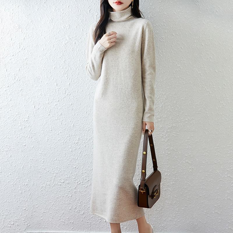 Women Sweater Dress 100% Wool TIDENOVEL Turtleneck Knit Long Pullover Winter Jumpers Wool Long Dress Female