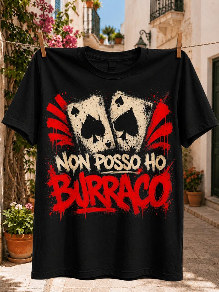 Non Posso Ho Burraco Italian Card Game Quote With Two Spade Cards And Red Grunge Paint Splashes Unisex All Tshirt