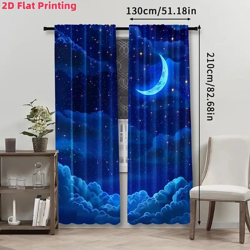 Stars Moon Print Curtains Suitable Bedroom Living Room Kitchen Decoration Home Window Curtain Set Of 2 Made Polyester Washable Area Ready