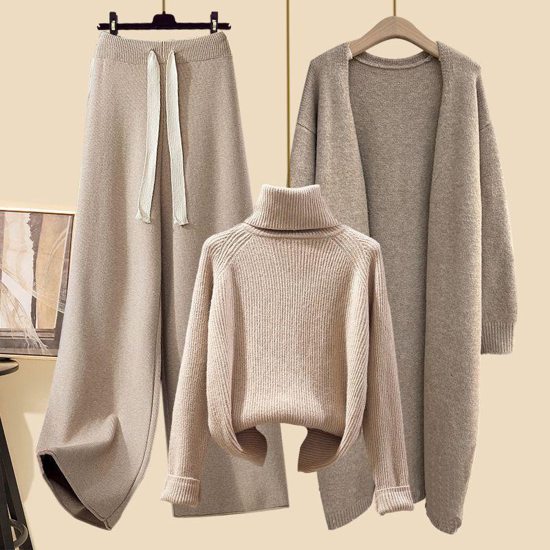 Women's Autumn 2024 Three-Piece Set: Mid-Length Cardigan Jacket, High-Neck Sweater, and Slim Wide-Leg Pants