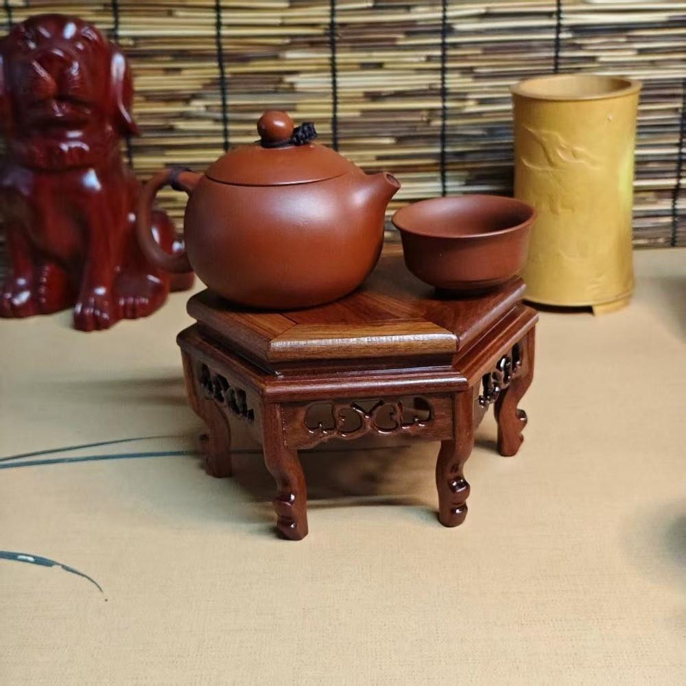 Hand Carved Hexagon Wood Base Teapot Stand Wooden Display Stand Display Base Rack Living Room