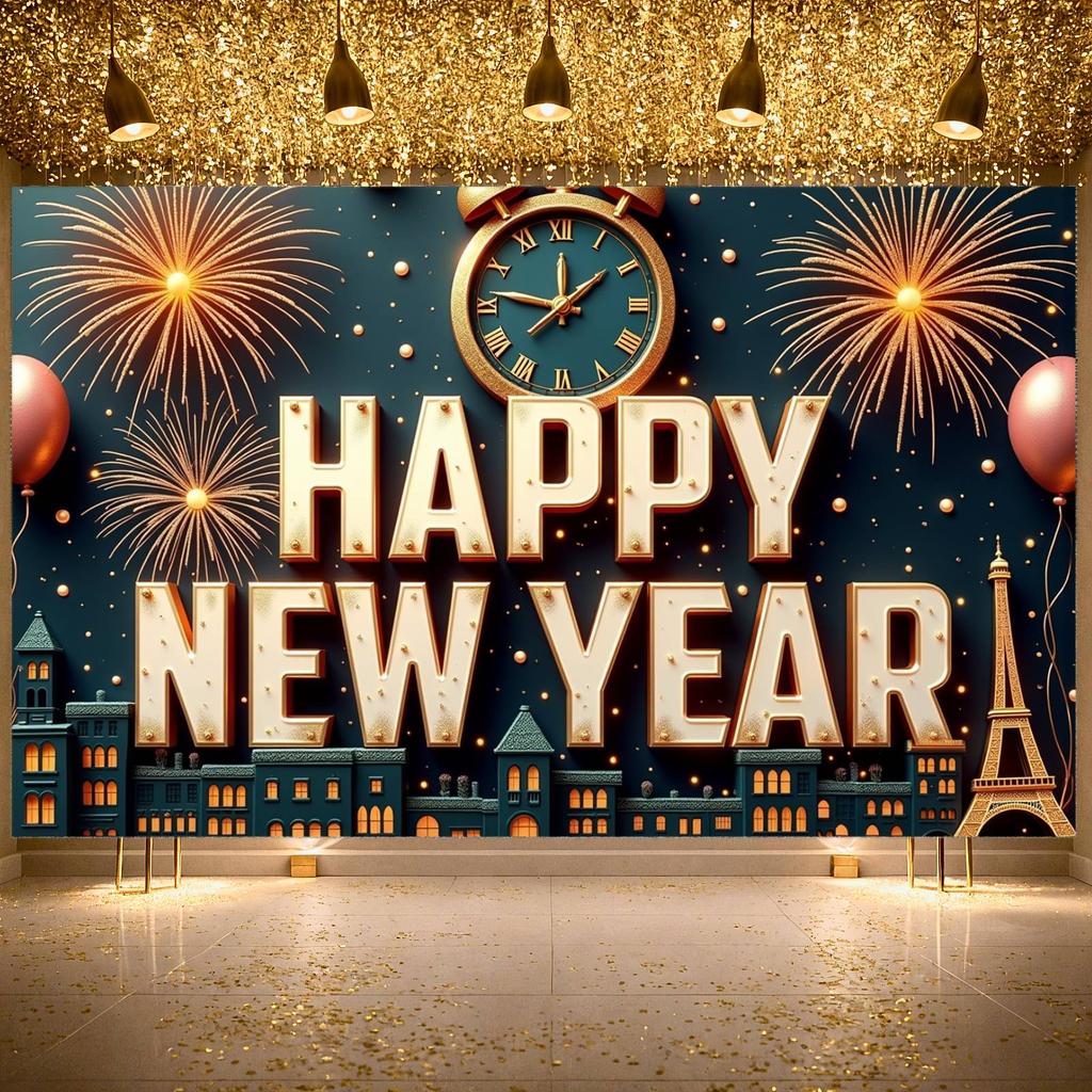 Happy New Year Banner Decorative Elements New Year Decor Event Banner Dark Blue Background Party Backdrop For Festival Public