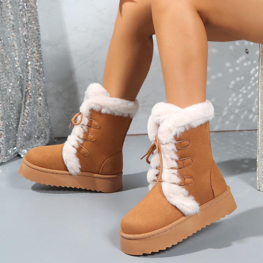 2025 Fall/Winter Women's Snow Boots with Fleece Lining, Thickened Sole, Height-Enhancing Design, Leather & Fur Combination, Cotton-Lined Warm Boots