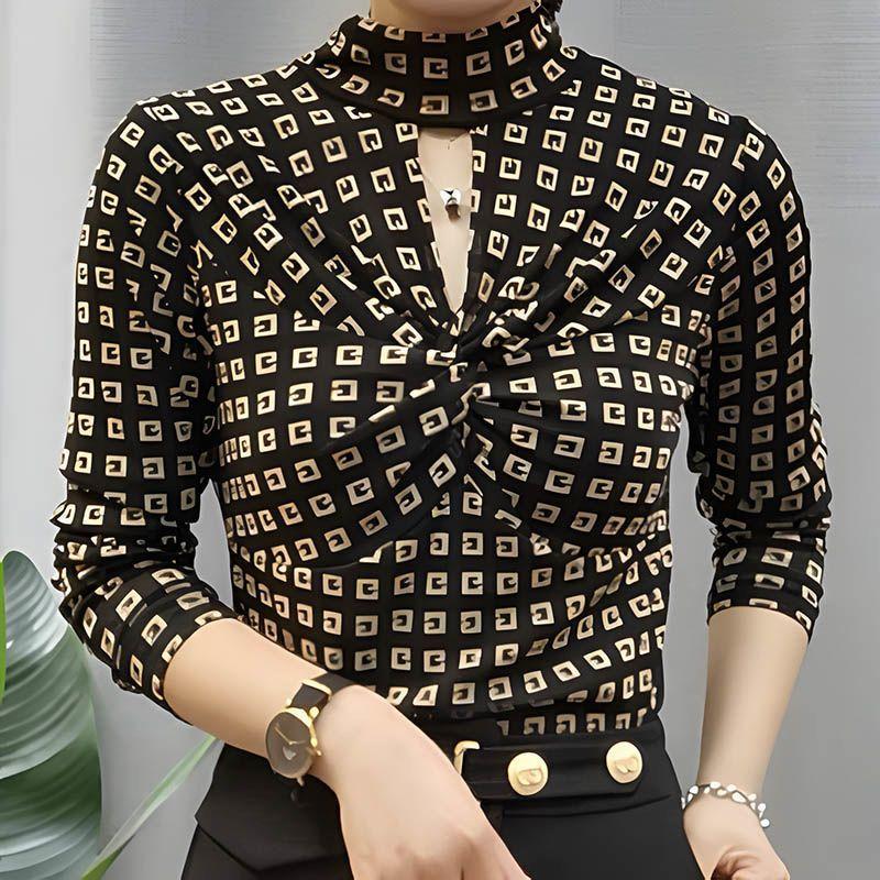 

Sexy Cut Out T-shirt Fashion Letter Printed Spring Autumn Half High Collar Slim All-match Long Sleeve Pullovers XL чорний