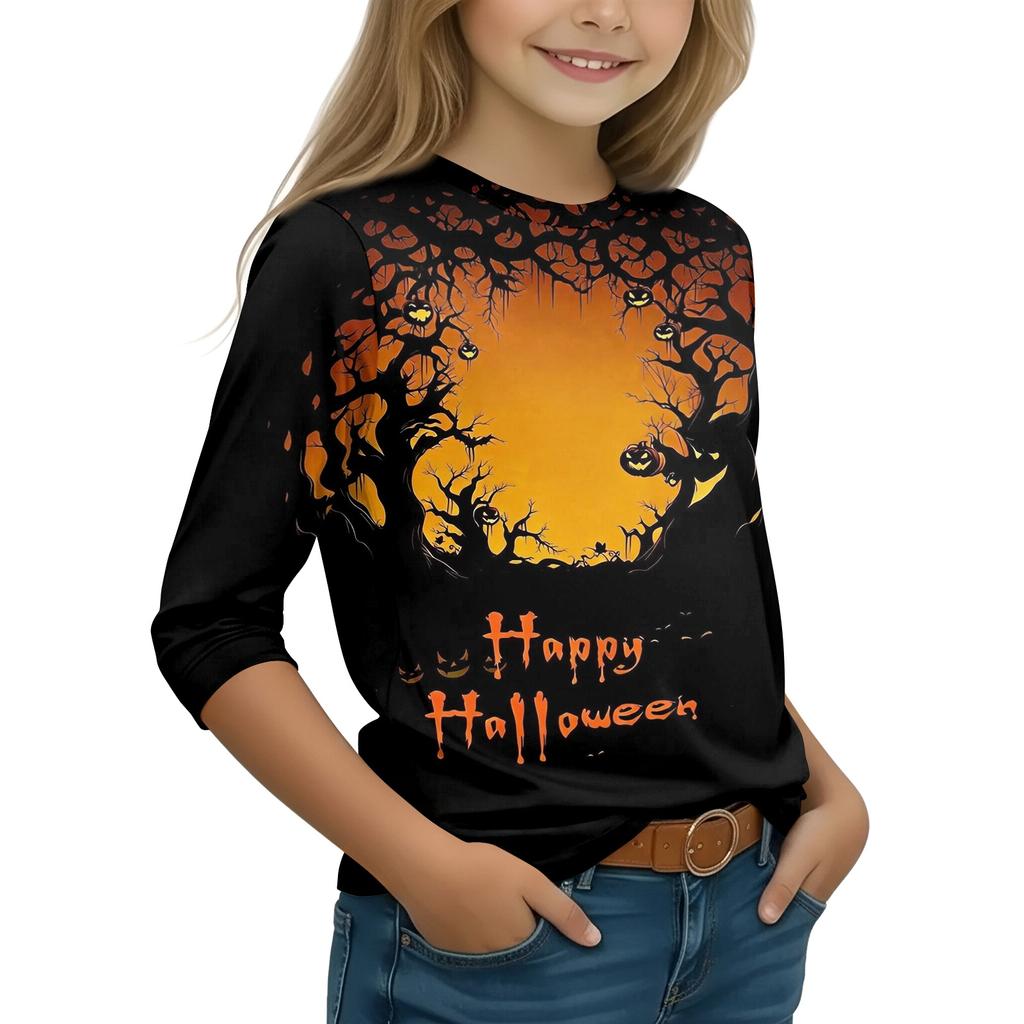 Kids Halloween Printed T-Shirt 3/4 Sleeve Round Neck Casual Top with Pumpkin Witch Design