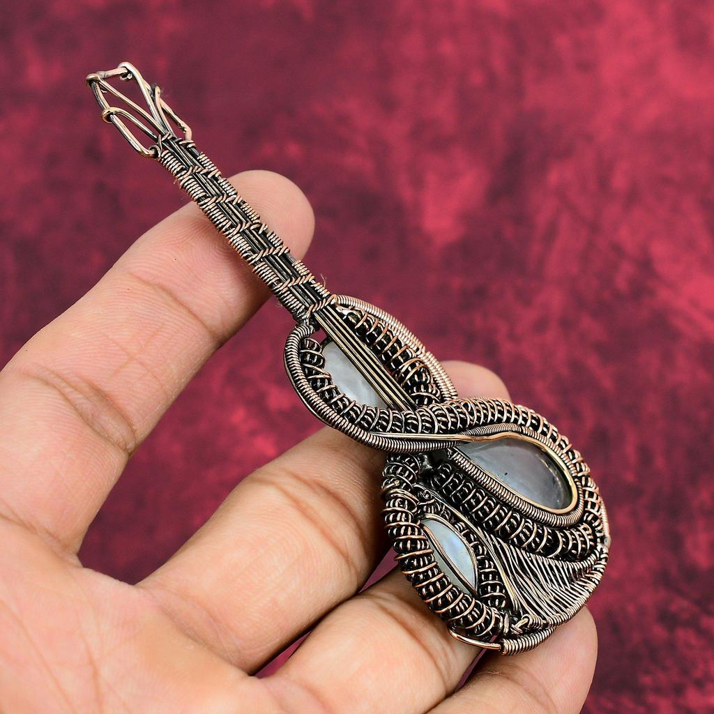 Rainbow Moonstone Pendant Copper Wire Wrapped Jewelry Guitar Pendant Handmade Pendant Gemstone Jewelry Copper Wire Wrap Pendant Gift For Him