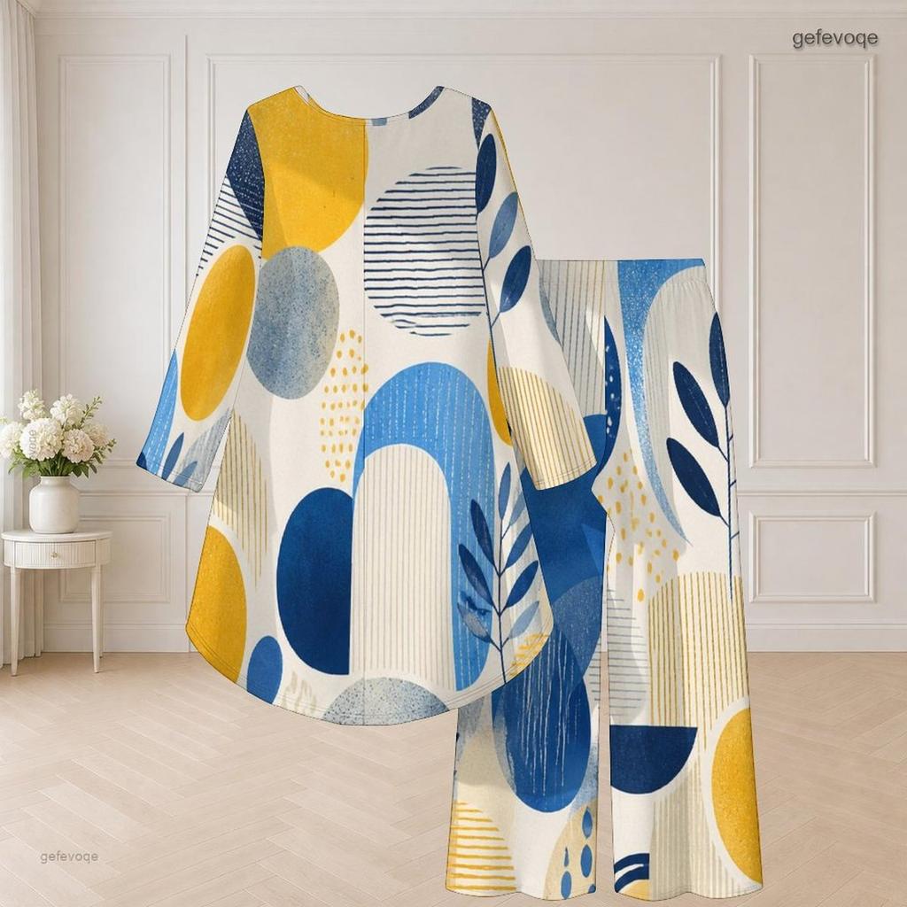 Women Plus Size Round Neck Long Sleeve Printed High Low Top Wide Leg Pants Two Piece Set