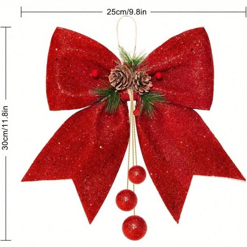 Elegant Shiny Sequins Christmas Tree Topper Bow with Pine Cones Versatile DIY Holiday Decoration for Xmas Tree Wedding Parties