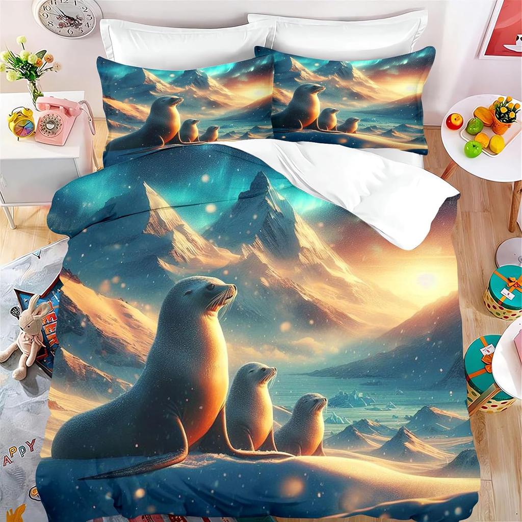 Zvířecí ložní souprava s tuleni pro děti dívky, Kreslený povlak na přikrývku s tuleni, Měkký povlak na přikrývku z mikrovlákna s povlaky na polštáře 75*50