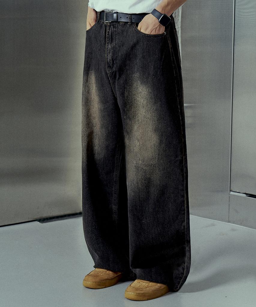 NP STUDIO Vintage Natural Wash Wide Denim Pants Black Denim