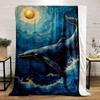 A golden-accented whale swimming in swirling blue waves under a gold sun. for all seasons blanket lunch break throw gift