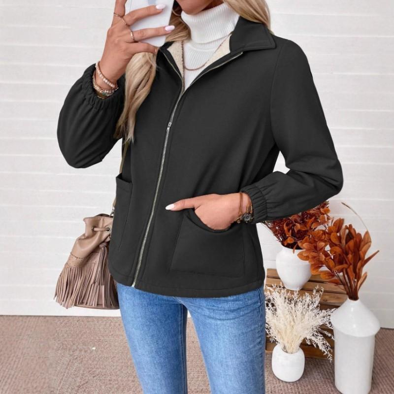 Womens Elegant Office Chic Short Zip-Up Blazer Jacket With Lapel Collar Front Pockets
