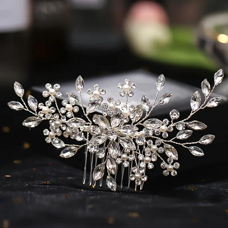Handmade Silver Crystal Flower Hair Comb Pearl Rhinestone Flower Hair Combs for Women Bride Hair Jewelry Wedding Hair Accessorie