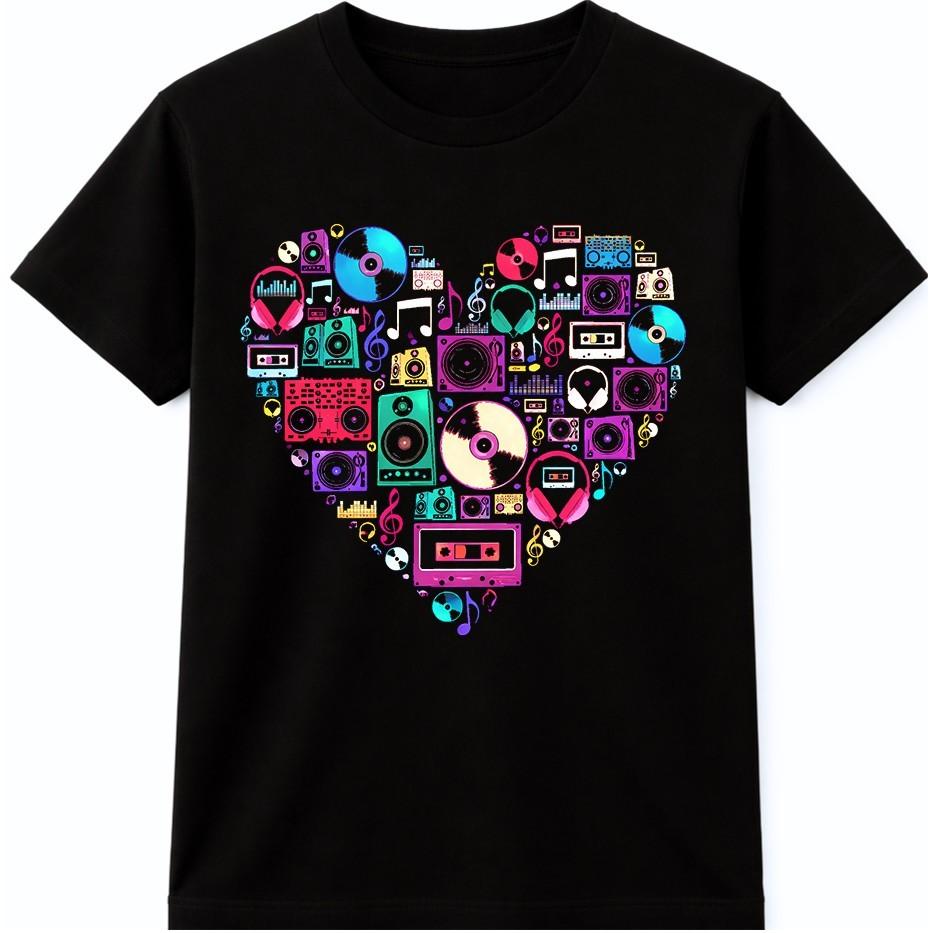 Music Heart T Shirt DJ Audio Speaker Headphones Retro Boombox Graphic Tee