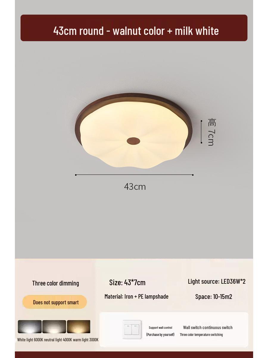 Mid-Century French Retro Solid Wood Ceiling Light for Bedroom or Study Three-Color Adjustable