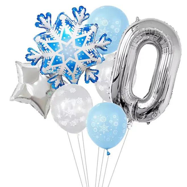 7Pcs Snowflake 32 inch Number 1-9 Foil Balloon Set Winter Snowflake Frozen Theme Balloons Birthday Party Holiday Decorations