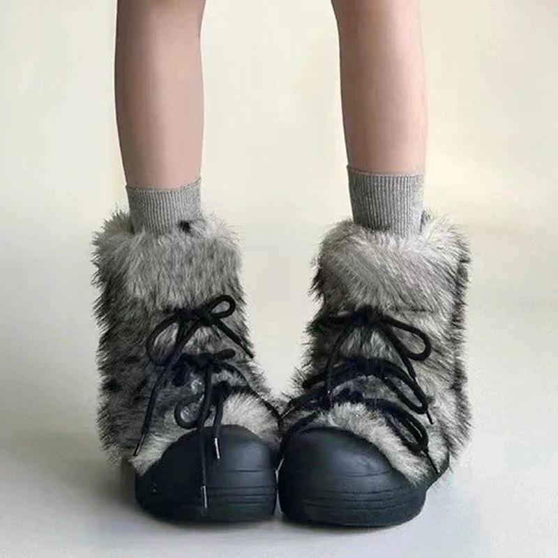 Fashion Bow Platform Women Snow Ankle Boots Fur Designer Fashion Short Plush Flats Cotton Shoes 2025 Trend Warm Cozy Winter Botas Mujer