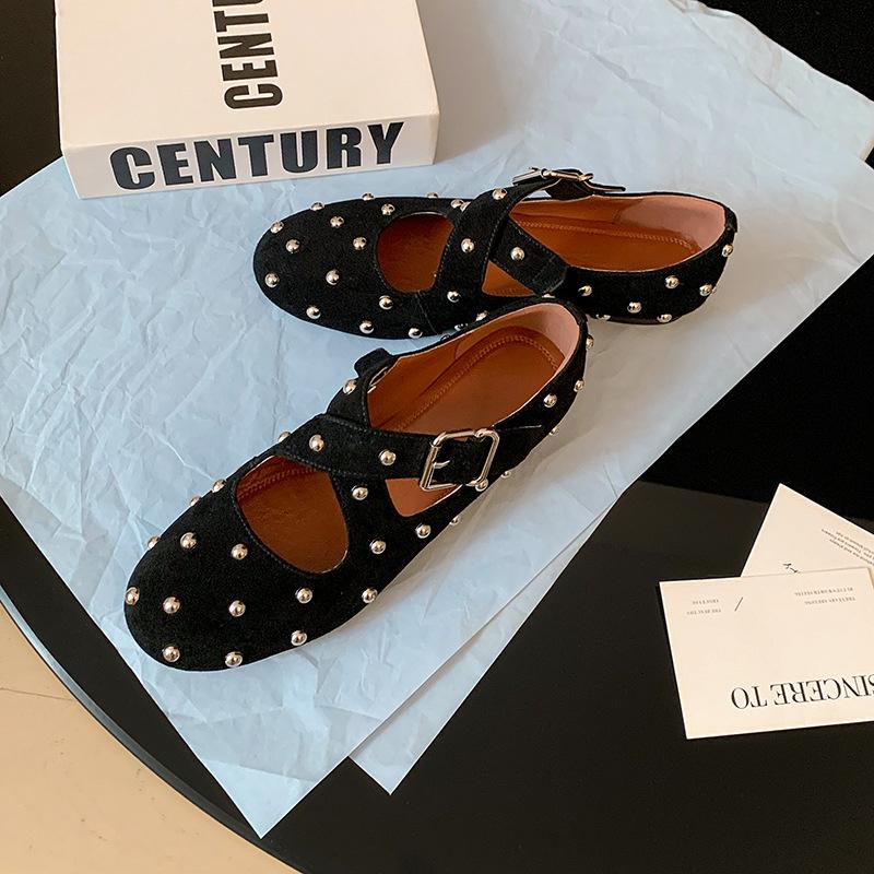 Niche Trendy Brand Large Size Retro Rivet Cross Buckle Mary Jane Single Shoes 25 New Round Head Flat Ballet Shoes