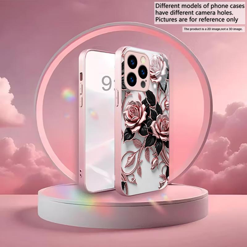 Black Metallic Floral Pink Metallic Glass Phone Case For iPhone 11 12 13 14 15 16 17 Pro Max Plus 17Air 16E 7 8 Xr XsMax X Cover