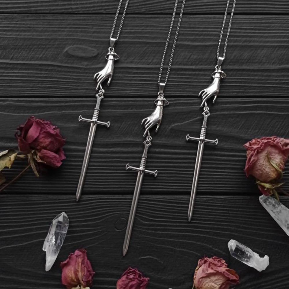 New Personality Gothic Sliver Color Hand Sword Cross Pendant Medieval Celtic Necklace for Women Men Collar Chain Jewelry Gifts
