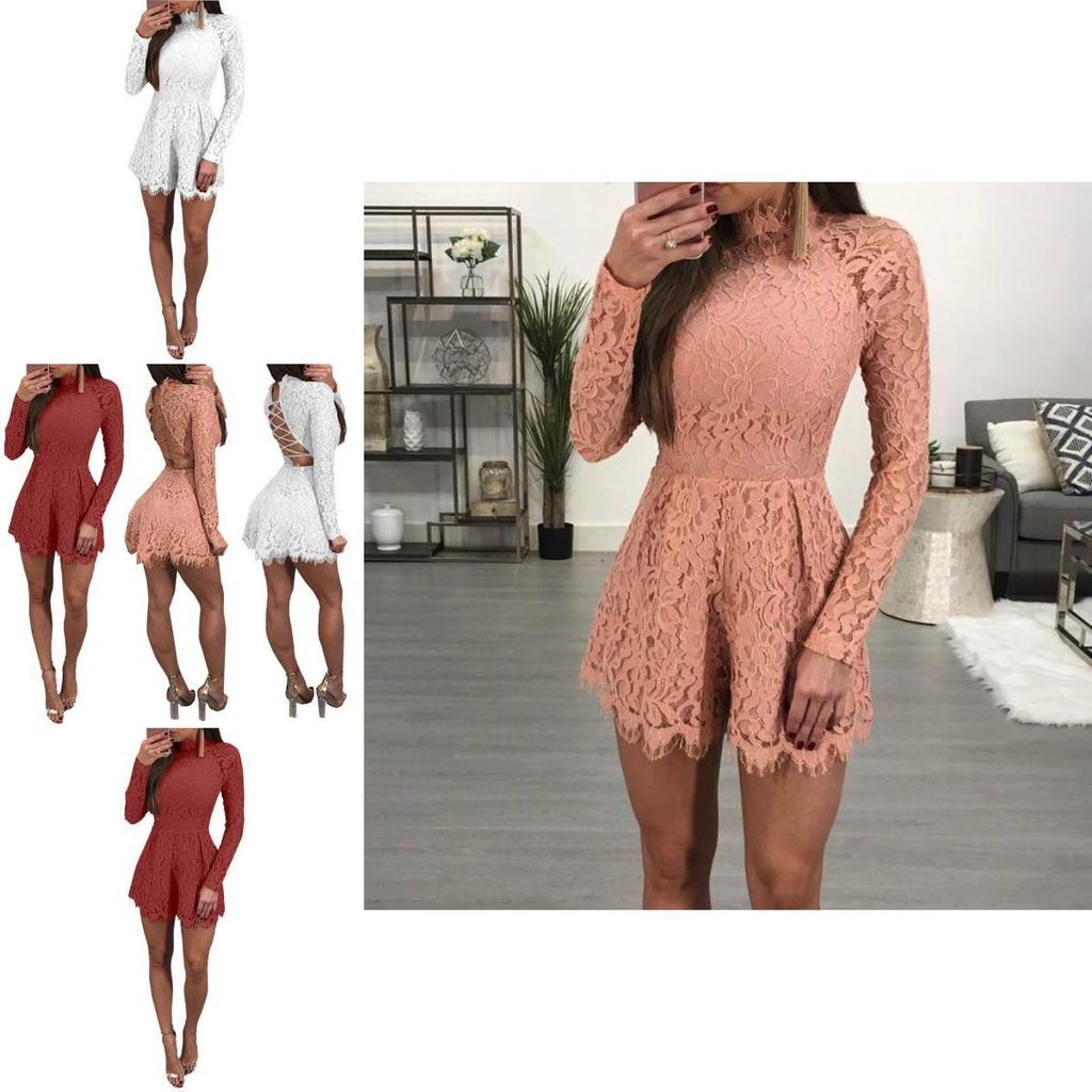 Elegant Womens Fashion Casual Romper Dress Lace Long Sleeve Sexy Short Jumpsuit