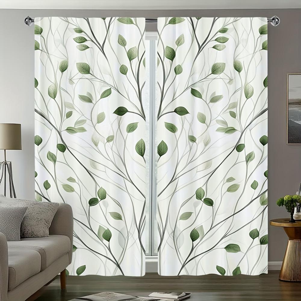 2Pc  Leaf Pattern Printed Curtains, Polyester Fabric, Machine Washable, Perfect For Bedroom, Study, Living Room, Office