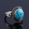 S925 Silver Vintage Ring With Natural Turquoise Stone Rings Oval and Round Shape Flower Carved Rings For Women Men