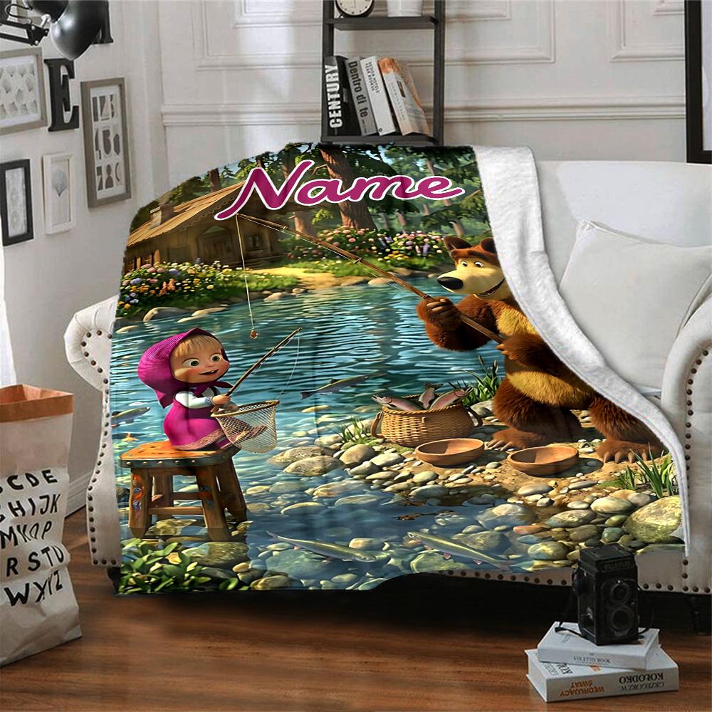 Custom Name Bear Family Adventure flannel Blanket for Super Soft Cute Comfort Blanket for Travel Bedding Couch Sofa Blanket