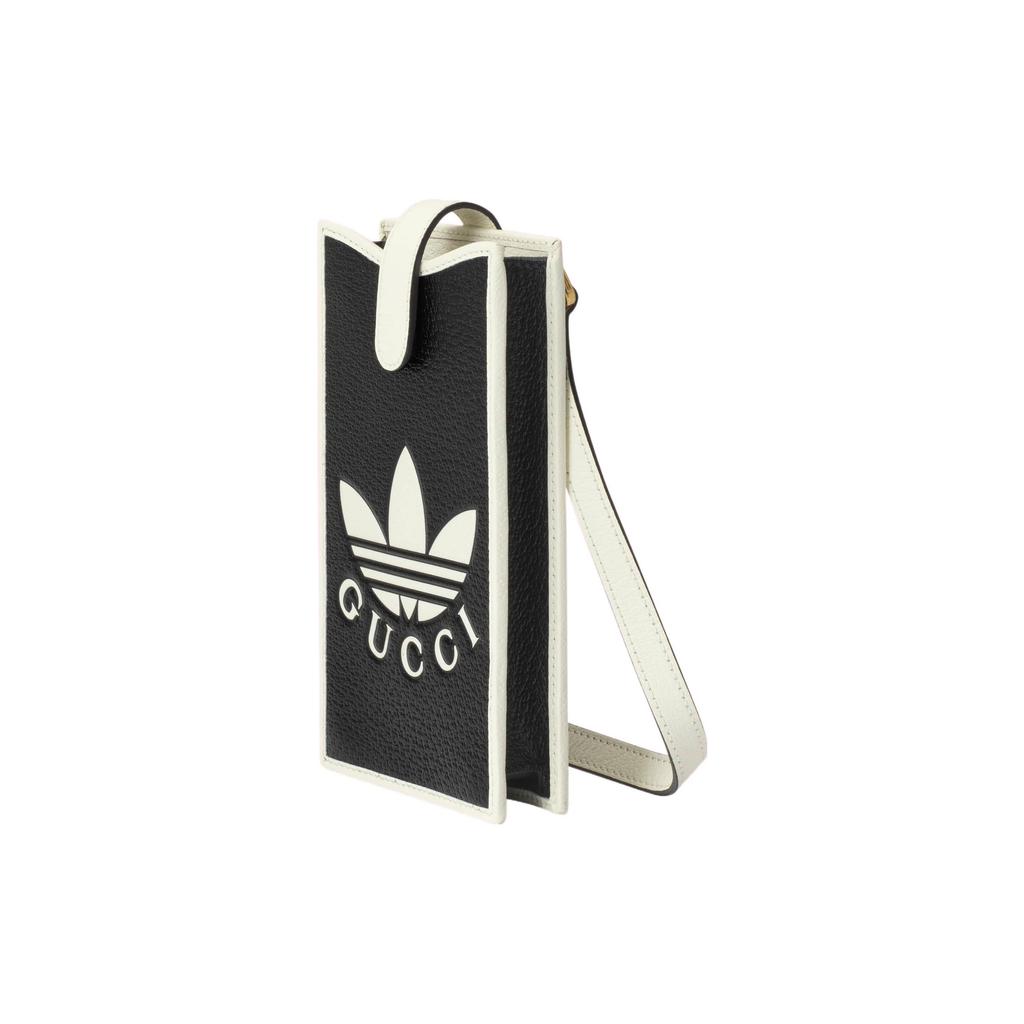 Gucci X Adidas Collaboration Logo Print Snap Closure Leather Phone Bag Women Shoulder Bag Black Beige 702203-UZ3BT-1057