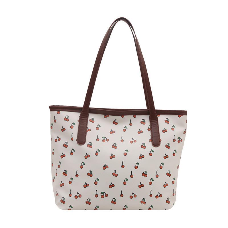 Fashion Large Capacity Pu Tote Bag For Women With Cherry Print Design Zipper Closure For Daily Use
