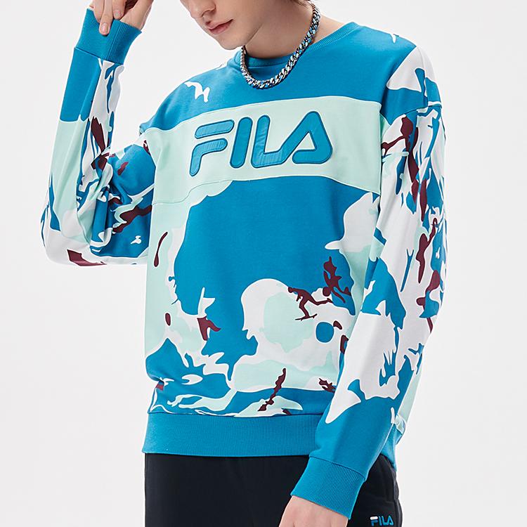 FILA Fusion Logo Color Block Camouflage Loose Fit Sports Crew Neck Sweatshirt Men tops Blue T11M133201F-BU